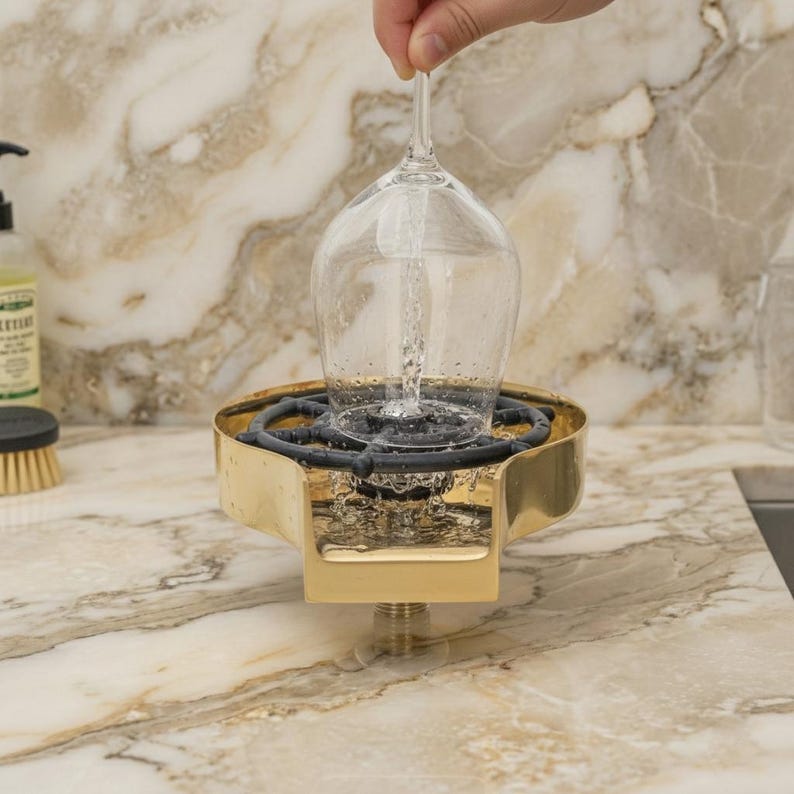 May include: A gold-colored wine glass rinser with a black rubber insert is shown with water being poured into a wine glass. The rinser is mounted on a marble countertop. The wine glass is clear.