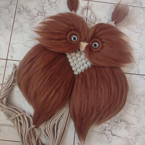 Könnte beinhalten: Ein brauner und weißer Garn-Eulen-Wandbehang mit großen weißen Augen. Die Eule ist in Macrame-Technik gefertigt und hat einen langen Garnfransen, der von unten hängt.