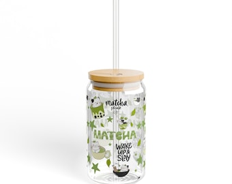 Cat Lover Sipper Glass, 16oz - Cute Matcha Tea Latte Tumbler, Cat Lady Gift, Kawaii Mug, Whimsical Drinking Cup, Gift for Tea Lover