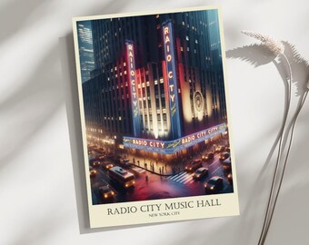 Radio City Music Hall, NYC, reizen, poster, print, kunst, woondecoratie, muurkunst, reizen, poster, kunst - A4, A3, A2-formaten - cadeau voor dierbaren (op bestelling gemaakt)