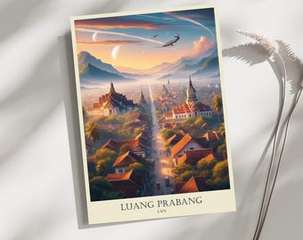 Luang Prabang, Laos. Skyline, Podróże, Plakat, Wydruk, Sztuka, Wystrój Domu, Sztuka Ścienna - Rozmiary A4, A3, A2 - Prezent Dla Ukochanych (Wykonany Na Zamówienie)