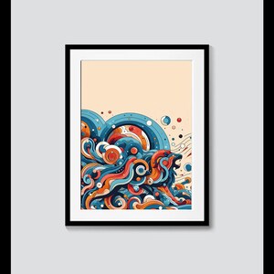 Könnte beinhalten: Abstrakter Kunstdruck mit einem Löwenkopf, der aus einer wirbelnden Welle in Blau-, Orange- und Rottönen auftaucht. Der Hintergrund ist hellbeige.