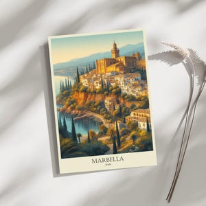 Marbella, Spanje, skyline, reizen, poster, print, kunst, woondecoratie, muurkunst - A4, A3, A2-formaten - cadeau voor dierbaren (op bestelling gemaakt)