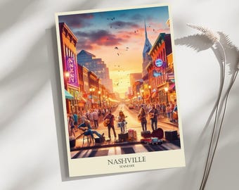 May include: A postcard featuring a colorful illustration of a street scene in Nashville, Tennessee. The image shows a street lined with buildings, with a band playing music in the middle of the street. The text "NASHVILLE TENNESSEE" is printed at the bottom of the postcard.