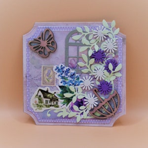 Carte de vœux multicouche fabriquée à la main avec applique en lilas clair, bleu et blanc – 4,7 x 4,7 pouces