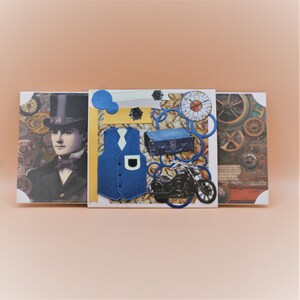 Enveloppe de vœux d'anniversaire faite main pour homme – Motifs marron, bleu, gilet et moto, papier cartonné gaufré