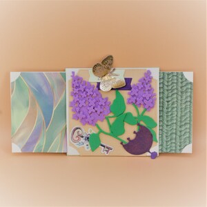 Handgemaakte groetenvelop met reliëfflap, gestanst lila, paraplu, groen en beige, 3,7 x 8,3 inch