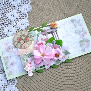 Handgefertigte Blumenkarte für besondere Anlässe | 3D-Papercraft-Geburtstags- und Jubiläumskarte mit Geldhalter | Rosa Blumen-Grußkarte