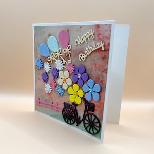 Carte d’anniversaire personnalisée faite à la main | 40e 50e 60e 80e 100e Souvenir | Fleurs et ballons de vélo Souvenirs en papier pour occasions spéciales