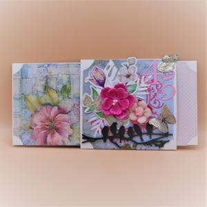 Sobre de cumpleaños hecho a mano – Tarjeta de 45 cumpleaños – Pájaros en una rama, flor rosa, solapa en relieve – Azul y rosa – 9,5 x 21 cm