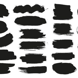 May include: A set of 18 black brush stroke shapes, including circles, ovals, and rectangles. These shapes can be used for design elements, backgrounds, or textures.