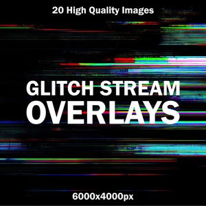 May include: Digital art graphic with the text "GLITCH STREAM OVERLAYS" in white, set against a black background. Horizontal lines of various colors, including red, green, and blue, create a glitch effect. The image resolution is 6000x4000px.