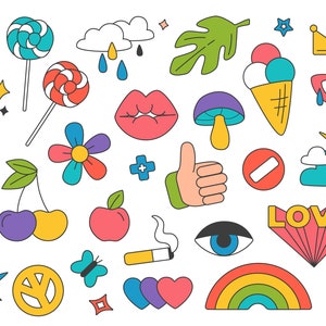 May include: A collection of colorful retro-style patches and stickers featuring various designs, including hearts, flowers, cherries, a rainbow, a peace sign, a mushroom, a cloud, a sun, a thumbs up, a cigarette, a butterfly, a crown, sunglasses, an eye, a coffee cup, and the word "LOVE".