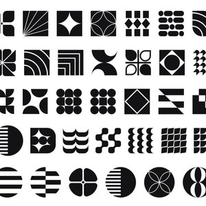 Op de afbeelding: Een set van 40 geometrische vormen in zwart en wit, waaronder cirkels, vierkanten en sterren. De vormen zijn gerangschikt in een rasterpatroon.