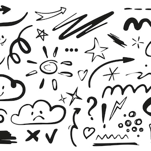 Op de afbeelding: Een verzameling handgetekend zwart-witte doodle-elementen, waaronder pijlen, sterren, wolken, harten, vraagtekens, uitroeptekens en golvende lijnen.