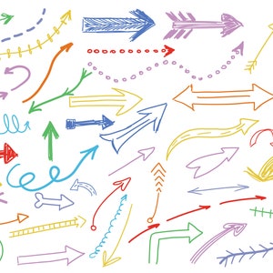 Op de afbeelding: Een verzameling handgetekend pijlen in verschillende kleuren, waaronder rechte, gebogen en spiraalvormige vormen. De pijlen zijn getekend in verschillende kleuren, waaronder rood, oranje, geel, groen, blauw, paars en roze.