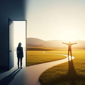 May include: An artistic rendering depicts a person standing in a doorway, silhouetted against a bright light. A winding path leads from the doorway into a sunlit field where another person stands with arms outstretched. The scene evokes themes of choice and opportunity.