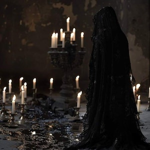 以下が含まれることがあります： 黒いフード付きマントを着た人物が、ろうそくの灯りに囲まれた薄暗い部屋に立っています。ろうそくは装飾的なホルダーと床に置かれています。マントにはレースのトリムがあり、ゴシックまたは神秘的なテーマを連想させます。