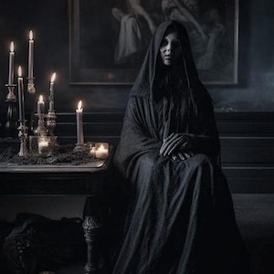 May include: A figure wearing a black hooded robe sits in a dimly lit room with candles and a painting in the background.