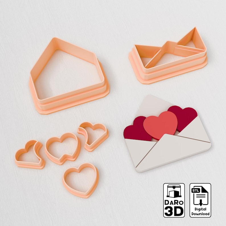 Valentine Envelope Heart Polymer Clay Cutter -  STL Digital File – 3D Printable Cutters STL File - 5 Sizes -  STL Clay Cutters
