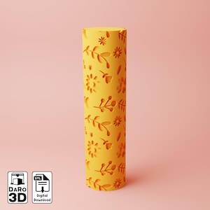 Può includere: Un mattarello stampato in 3D giallo con un motivo floreale. Il mattarello è su uno sfondo rosa. Download digitale STL.