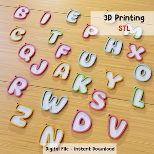 Keychain with letters alphabet with frame pack 3d printing file Rounded and Chubby Fonts Type 02 STL Digital Download 3d printer files