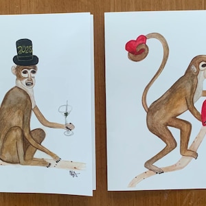 Jeu de cartes de voeux, lot de 8 cartes de voeux avec enveloppes, cartes singe aquarelle
