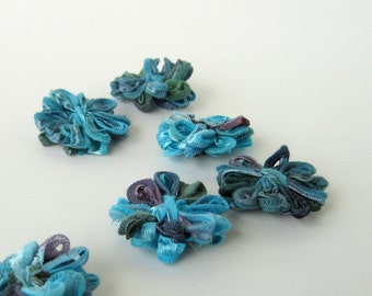 6 Ribbon Flower Appliques Aegean Blue
