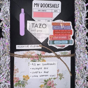 May include: A black envelope containing a Tazo Earl Grey tea bag, a light purple pen, a My Bookshelf card, and a sticker of stacked books. A floral paper insert is tied with twine, featuring handwritten notes about a book's genre and themes.