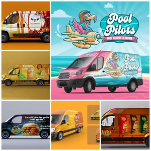 May include: Several commercial vans with vibrant graphics. One van displays a flamingo pilot and the text "Pool Pilots". Other vans showcase text and images for juice, burgers, and coffee. The vans are in various colors, including orange, yellow, and brown.