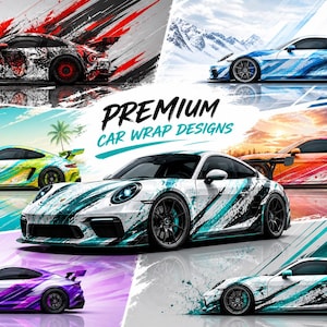 Può includere: Una collezione di design digitali per wrapping di auto sportive. L'immagine mostra vari design di auto con schemi di colori dinamici, tra cui rosso, blu, verde e viola. Il testo "PREMIUM CAR WRAP DESIGNS" è visualizzato al centro.