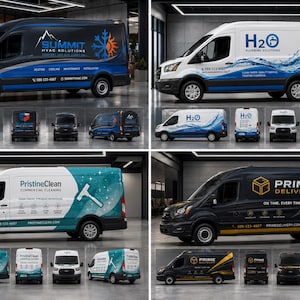 May include: A collection of four commercial vans featuring custom vinyl wraps for different businesses: Summit HVAC Solutions, H2O Plumbing Solutions, PristineClean Commercial Cleaning, and Prime Delivery, each displaying logos, contact info, and graphics.