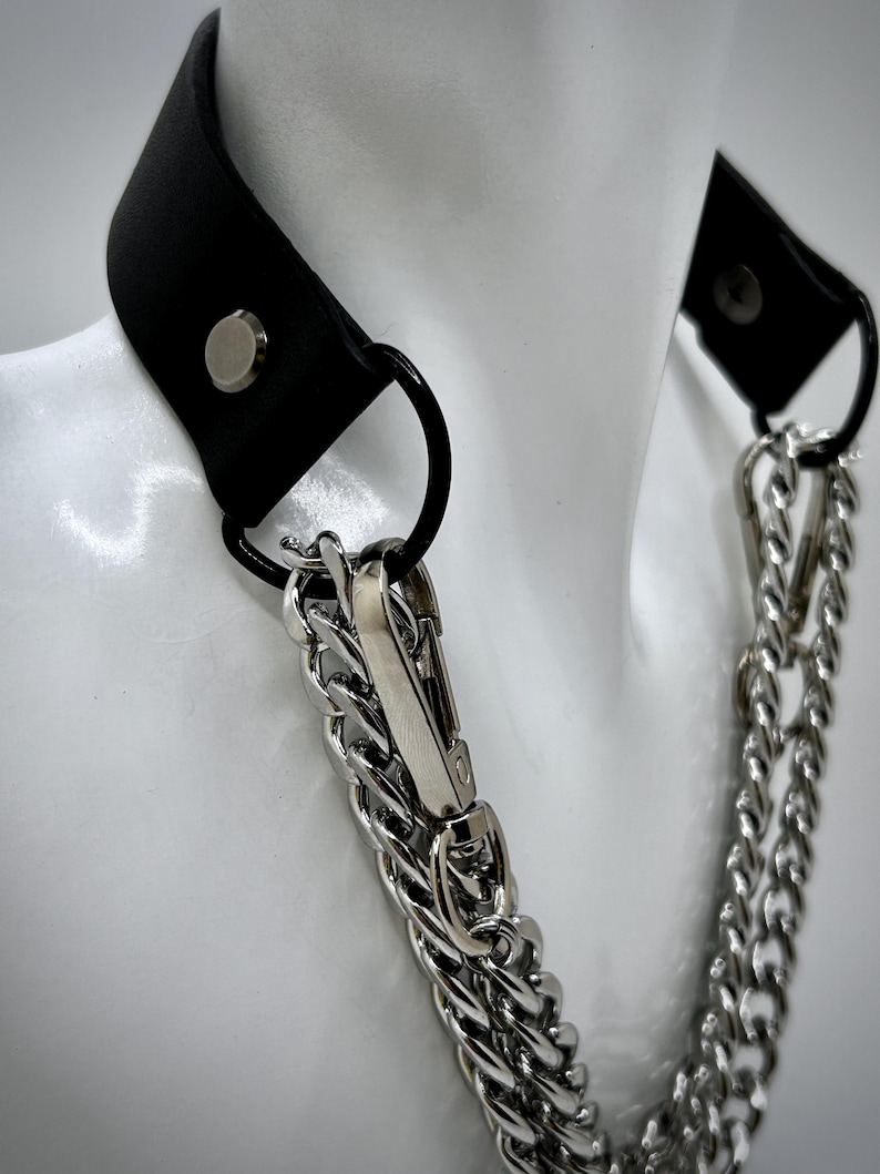 May include: A black leather choker with a silver chain and a silver clasp. The choker has a silver rivet on the leather.