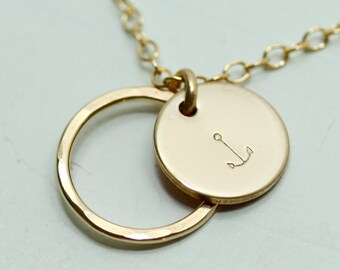 Gold anchor necklace - gold disc necklace - nautical jewelry - hammered circle - delicate - dainty