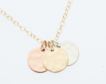 Mixed metal necklace - dainty necklace - rose, gold & sterling silver jewelry - 3 disc necklace - minimalist