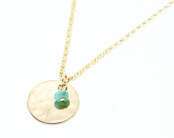 Gold initial necklace with birthstone - hammered gold disc necklace - delicate gold jewelry - custom birthday gift