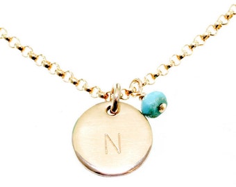 Birthstone necklace - initial necklace - dainty gold necklace - kids initial necklace - aquamarine - baby shower gift - mom jewelry