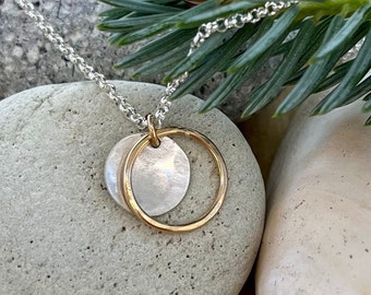 Silver and gold circle and disc necklace - minimalist jewelry - hammered