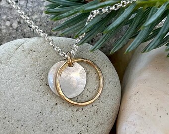 Silver and gold circle and disc necklace - minimalist jewelry - hammered