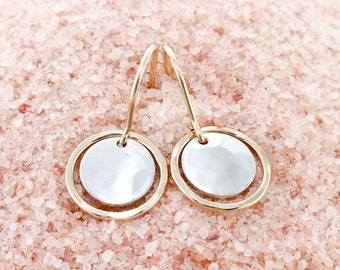 Silver and gold earrings - Circle and disc earrings - Sterling silver & 14k gold filled - Hammered hoops