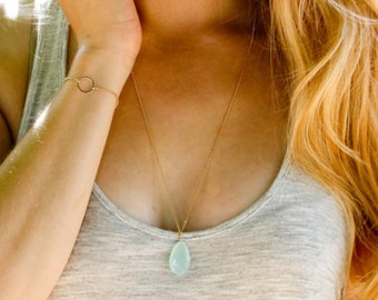Aqua blue chalcedony necklace - long gold necklace - seafoam gemstone jewelry