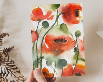 Watercolor Poppy Notecards - Orange Poppy Flower Watercolor Note Cards Set of 6 - Abstract Floral Art Cards - Gift Idea for Her