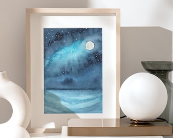 Full Moon Over Water Art Print - Coastal Night Sky Watercolor Seascape Painting - Ready to Ship Gift Idea for Her