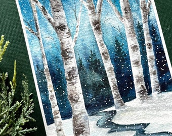 Original Winter Birch Trees Painting - Watercolor Landscape Painting - Snowy Birch Tree Art for Winter Home Decor - Yule Wall Art