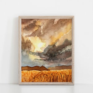 Stormy Skies Fine Art Print Badlands Watercolor Landscape Painting Prairie Wall Art image 1