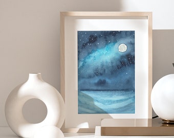 Moon Seascape Watercolor Art Print - Celestial Wall Art for Coastal Home Decor