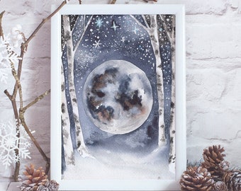 Full Moon Watercolor Art Print - Winter Moon Painting - Forestcore Decor - Magical Wall Art for Winter Solstice - Gift Idea for Her