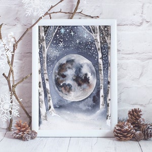 Full Moon Watercolor Art Print Winter Moon Painting Forestcore Decor Magical Wall Art for Winter Solstice Gift Idea for Her image 2