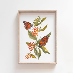 Monarch Butterfly on Milkweed Fine Art Print Wildflower Watercolor Wall Art for Nature Lovers image 1
