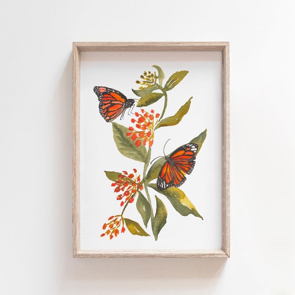 Monarch Butterfly on Milkweed Fine Art Print - Wildflower Watercolor Wall Art for Nature Lovers